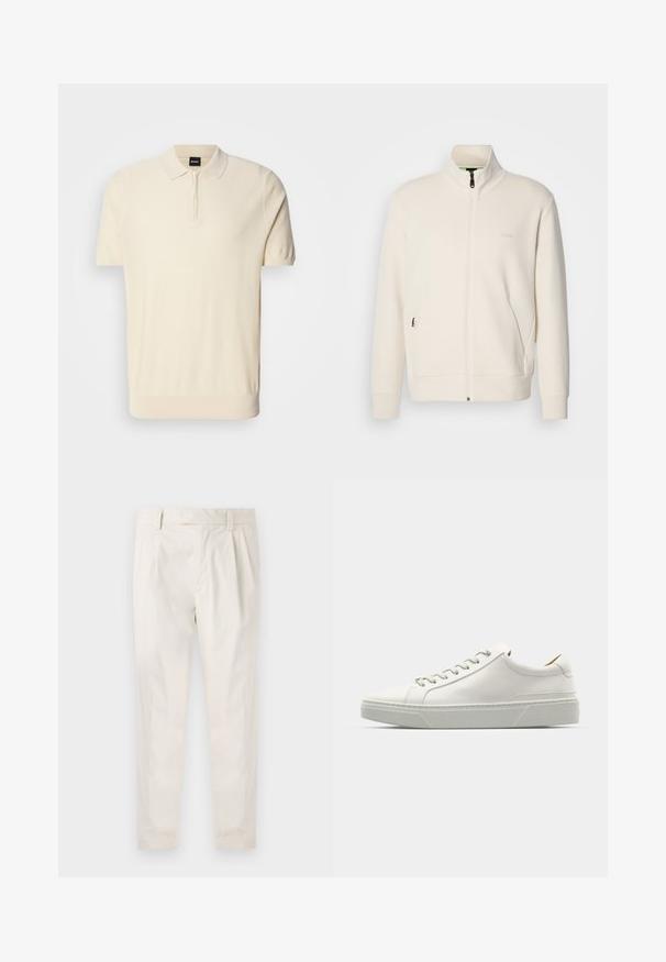 Off-white Zip-Jacke mit Stehkragen, langen Ärmeln, Seitentaschen und dezenter "BOSS"-Logo auf der linken Brust.; Kurzärmeliges Poloshirt in hellem Beige, aus weichem Strickmaterial gefertigt. Verfügt über einen Halb-Reißverschluss-Kragen und einen taillierten Schnitt mit geripptem Saum.; Weiße, plissierte Hose mit taillierten Schnitt, die eine glatte Textur, Gürtelschlaufen und schmal zulaufende Beine aufweist. Keine sichtbaren Taschen oder Muster.; Weißes Leder-Sneaker mit abgerundetem Zehenbereich, minimalistisches Design, graue Schnürsenkel und einer strukturierten grauen Gummisohle. Dezente Nähte sichtbar.