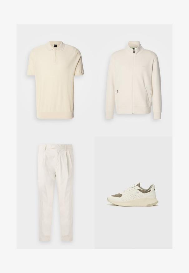 Krémová zipová bunda s vysokým límcem, dlouhými rukávy, bočními kapsami a jemným logem "BOSS" na levé části hrudi.; Pánská polokošile s krátkým rukávem v světle béžové barvě, vyrobená z měkkého pleteného materiálu. Disponuje límečkem na půl zip a přiléhavým střihem s žebrovaným lemem.; Bílé, plisované kalhoty s upraveným střihem, které mají hladkou texturu, poutka na opasek a zúžené nohavice. Bez viditelných kapes nebo vzorů.; Bílé a světle béžové atletické tenisky, které mají síťovaný svršek, perforované detaily a texturovanou mezipodešev s logem na patě.