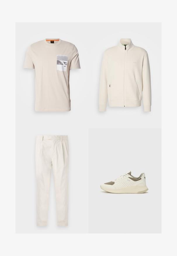 Lysbeige zip-up jakke med ståkrave, lange ærmer, sidelommer og diskret "BOSS" logo på venstre bryst.; Beige bomulds T-shirt med rund hals og korte ærmer. En frontlomme med et sort-hvidt grafisk print og logo.; Hvide, plisserede bukser med en skræddersyet pasform, der har en glat overflade, bæltestropper og smalnede ben. Ingen synlige lommer eller mønstre.; Hvide og lyse beige sportssko med en mesh-overdel, perforerede detaljer og en tekstureret mellemsål med branding på hælen.