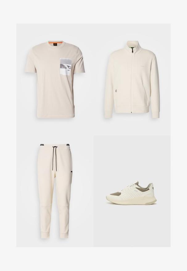 Off-white krūškurvja jaka ar uzacīšu apkakli, garām piedurknēm, sānu kabatām un diskrētu "BOSS" logo uz kreisā krūškurvja.; Beige kokvilnas T-krekls ar apaļu kaklu un īsām piedurknēm. Tam ir priekšējā kabata ar melnbaltu grafisko apdruku un logotipu.; Kreminkrāsas joggeri ar elastīgu jostasvīru un šnurēšanu, melniem akcentiem, sašaurinātiem biksēm un sānu kabatām.; Baltas un gaiši bež sporta apavi, ar sieta augšdaļu, perforētiem detaļām un teksturētu vidusdaļu ar zīmolu uz papēža.