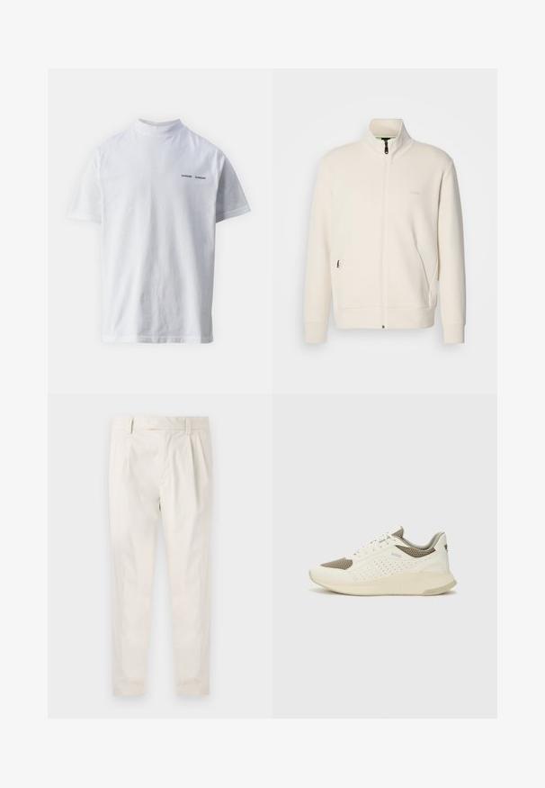Off-white zip-up jacket with stand collar, long sleeves, side pockets, and subtle "BOSS" logo on the left chest.; White cotton t-shirt with a high neckline and short sleeves. Features "SAMSØE SAMSØE" logo in black on the front. Smooth texture.; White, pleated trousers with a tailored fit, featuring a smooth texture, belt loops, and tapered legs. No visible pockets or patterns.; White and light beige athletic sneaker, featuring a mesh upper, perforated detailing, and a textured midsole with branding on the heel.