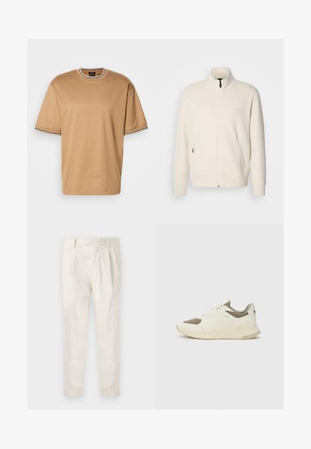 Krémová zipová bunda s vysokým límcem, dlouhými rukávy, bočními kapsami a jemným logem "BOSS" na levé části hrudi.; Beige tričko s krátkým rukávem s černo-bílým pruhovaným lemem na límci a manžetách, vystavené na bílém pozadí.; Bílé, plisované kalhoty s upraveným střihem, které mají hladkou texturu, poutka na opasek a zúžené nohavice. Bez viditelných kapes nebo vzorů.; Bílé a světle béžové atletické tenisky, které mají síťovaný svršek, perforované detaily a texturovanou mezipodešev s logem na patě.