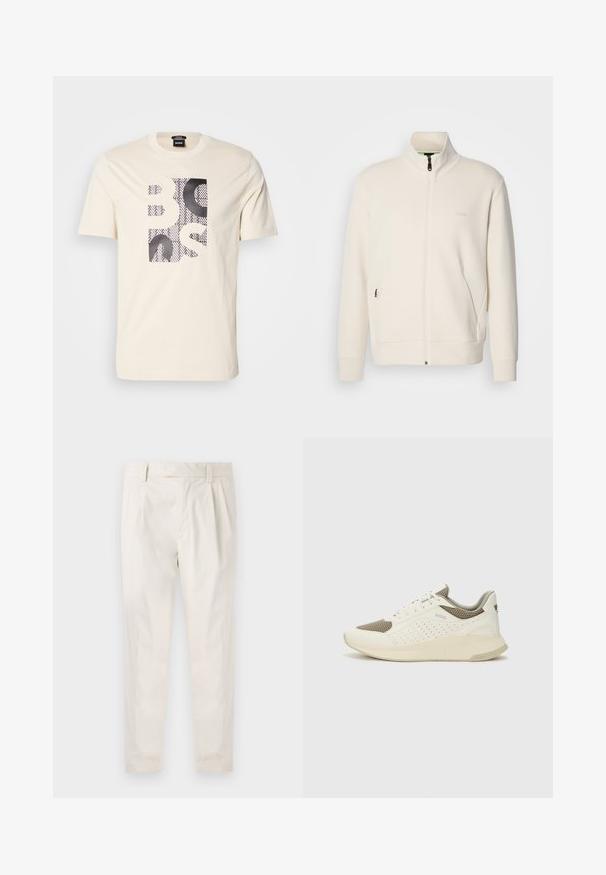 Kreemi värvi lukuga jakk kõrge kraega, pikkade varrukatega, küljetaskutega ja diskreetse "BOSS" logo ka vasakul rinnal.; Kreemikat värvi lühikeste varrukatega T-särk, mille esiküljel on musta ja valge tekstuuri ruuduline graafika, kus on kirjutatud "BOSS", ja bränditud kaelalabel.; Valged volditud püksid, mis on kohandatud sobivusega, sujuva tekstuuriga, vööloopidega ja kitsenevate jalgadega. Pole nähtavaid taskuid ega mustreid.; Valge ja heledat beeži värvi spordijalats, millel on õhuke võrkmaterjal, perforatsioonidega detailid ning tekstuuriga vahetald, millel on brändi logo kannaosas.