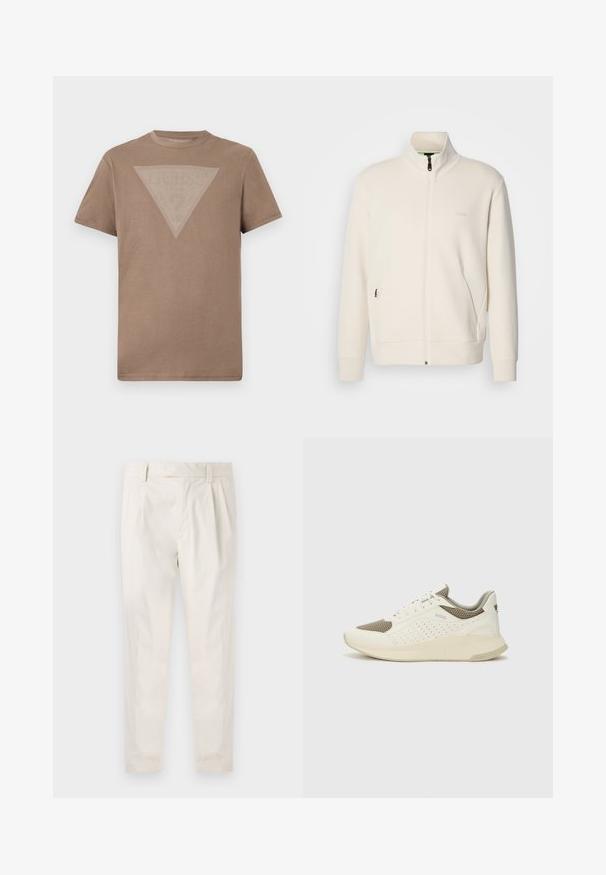 Off-white Zip-Jacke mit Stehkragen, langen Ärmeln, Seitentaschen und dezenter "BOSS"-Logo auf der linken Brust.; Ein einfarbig braunes T-Shirt mit kurzen Ärmeln, versehen mit einer großen umgekehrten Dreieck-Grafik aus feinen weißen vertikalen Linien auf der Brust.; Weiße, plissierte Hose mit taillierten Schnitt, die eine glatte Textur, Gürtelschlaufen und schmal zulaufende Beine aufweist. Keine sichtbaren Taschen oder Muster.; Weiße und hellbeige Sport Sneakers, ausgestattet mit einem Obermaterial aus Netzgewebe, perforierten Details und einer strukturierten Zwischensohle mit Branding an der Ferse.