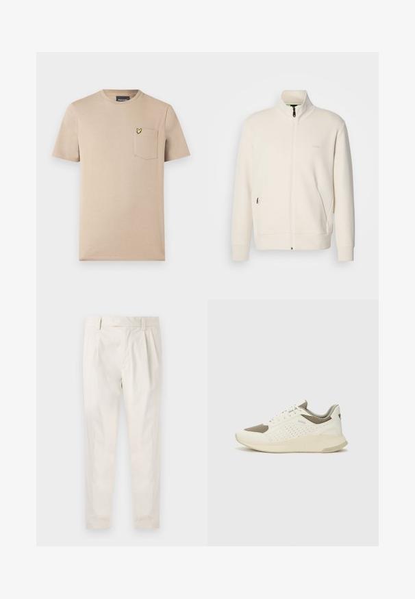 Ζακέτα σε off-white απόχρωση με κλείσιμο φερμουάρ, όρθιο γιακά, μακριά μανίκια, πλάγιες τσέπες και διακριτό λογότυπο "BOSS" στο αριστερό στήθος.; Μπεζ κοντομάνικη μπλούζα από βαμβάκι, με τσέπη στην αριστερή πλευρά που φέρει κίτρινο λογότυπο πεταλούδας. Απλός σχεδιασμός με στρογγυλή λαιμόκοψη.; Λευκό, πτυχωτό παντελόνι με προσαρμοσμένη εφαρμογή, που διαθέτει λεία υφή, θηλύκια για ζώνη και κωνικά πόδια. Χωρίς ορατές τσέπες ή σχέδια.; Λευκό και ανοιχτό μπεζ αθλητικό παπούτσι, με επάνω μέρος από διχτυωτό υλικό, διακοσμήσεις με περφορέ και υφή στην ενδιάμεση σόλα με επωνυμία στη φτέρνα.