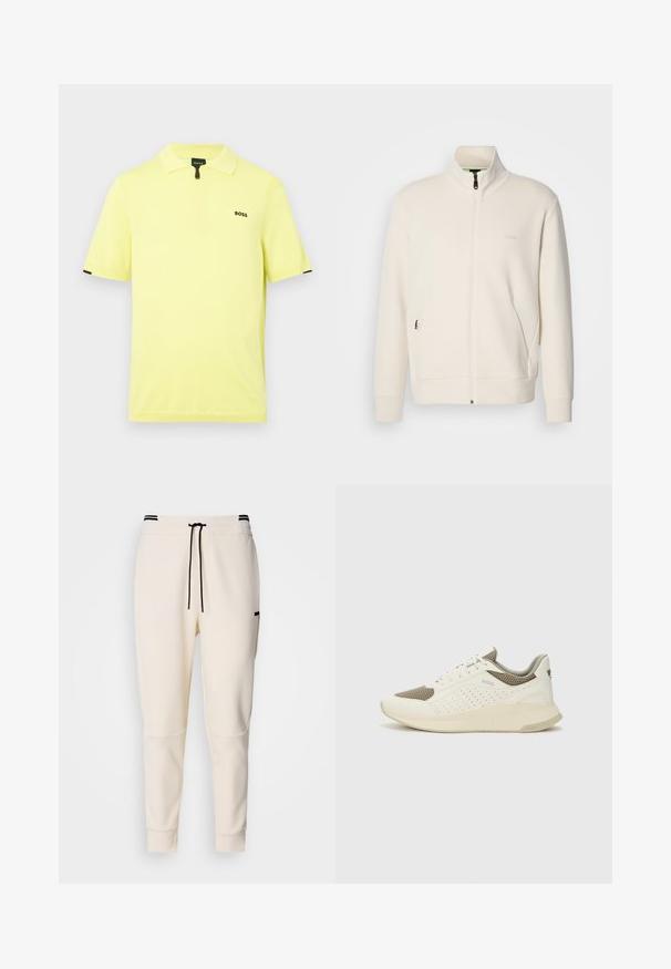 Off-white zip-up jakke med stående krage, lange ermer, sidelommer og diskré "BOSS" logo på venstre bryst.; Kortermet polo skjorte i lys gul bomull, med glidelås krage og en liten svart logo på brystet. Svart detaljer på ermene.; Kremfargede joggebukser med elastisk liv med snøring, svarte detaljer, innsnevrede ben og sidelommer.; Hvit og lysebeige treningssko, med en mesh-overdel, perforerte detaljer og en teksturert mellomsåle med merkevare på hælen.