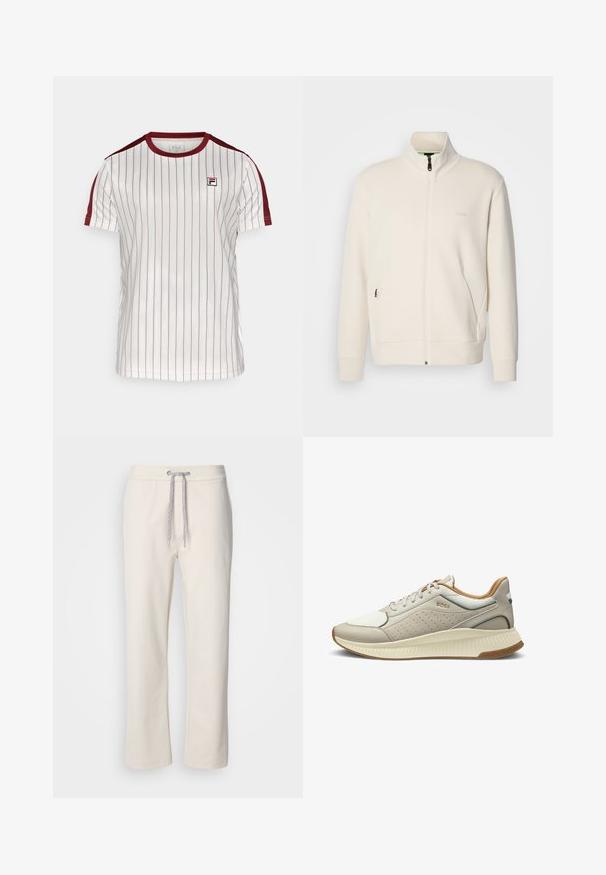 Off-white zip-up jacka med ståkrage, långa ärmar, sidofickor och subtil "BOSS"-logotyp på vänster bröst.; Fila STRIPES JASCHA - T-shirt till träning - white alyssum/cabernet; Krämfärgade avslappnade byxor med dragsko i midjan och raka ben, visade mot en neutral vit bakgrund.; Ljusbeige sneaker med övre av läder och mesh, perforerad design, bruna accenter på hälen och strukturerad gummisula. Logotyp på sidan.
