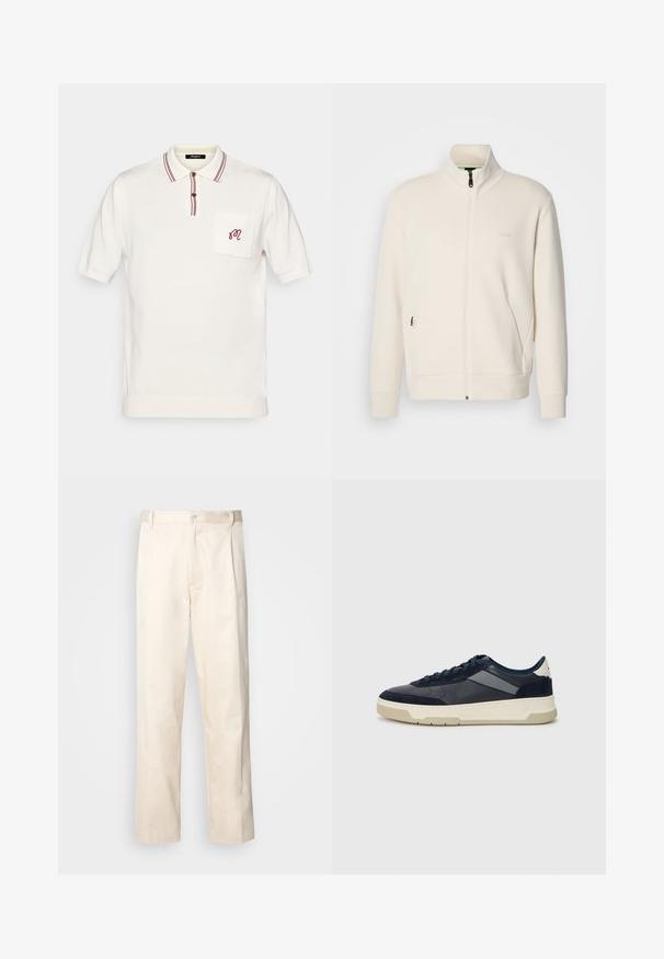 Off-white krūškurvja jaka ar uzacīšu apkakli, garām piedurknēm, sānu kabatām un diskrētu "BOSS" logo uz kreisā krūškurvja.; Balts īsām piedurknēm polo krekls ar bordo svītru apkakli un pogu plāksni, priekšējā kabatā ir maza iešūta bordo monogrāma.; Bežā krāsā auduma bikses ar taisnu kāju griezumu, pievienotām pogu aizdares un priekšējiem krokām papildu detaļām.; BOSS BALTIMORE - Sporta apavi - open blue