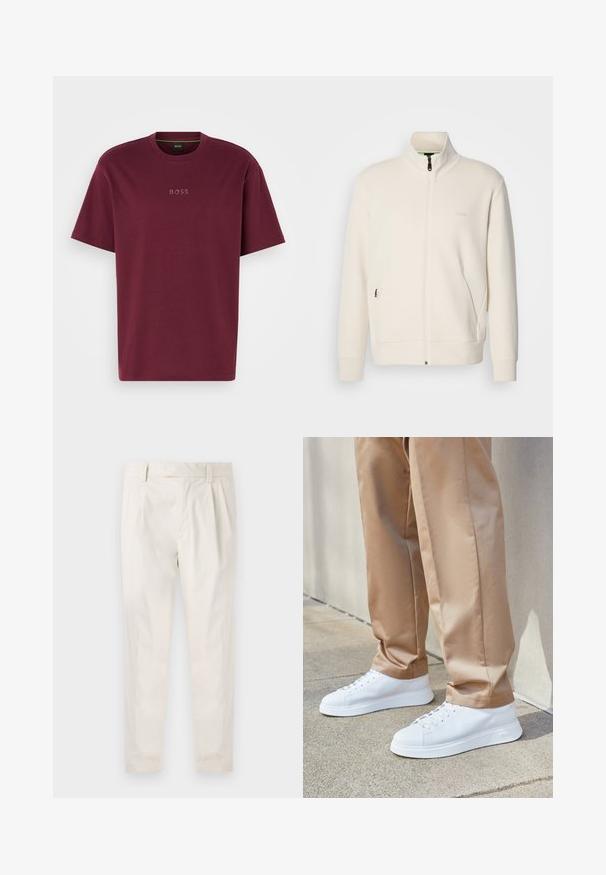 Ζακέτα σε off-white απόχρωση με κλείσιμο φερμουάρ, όρθιο γιακά, μακριά μανίκια, πλάγιες τσέπες και διακριτό λογότυπο "BOSS" στο αριστερό στήθος.; Βουργουνδί cotton μπλουζάκι με κοντά μανίκια, λαιμό πλήρους κλεισίματος και διακριτικό ανάγλυφο λογότυπο "BOSS" μπροστά. Λείος υφασμάτινος, κανονική εφαρμογή.; Λευκό, πτυχωτό παντελόνι με προσαρμοσμένη εφαρμογή, που διαθέτει λεία υφή, θηλύκια για ζώνη και κωνικά πόδια. Χωρίς ορατές τσέπες ή σχέδια.; Λευκά δερμάτινα αθλητικά παπούτσια με λείο φινίρισμα, στρογγυλές μύτες, λευκές κορδόνες και μινιμαλιστικό σχέδιο. Φοριούνται με ανοιχτό καφέ, tapered παντελόνια.
