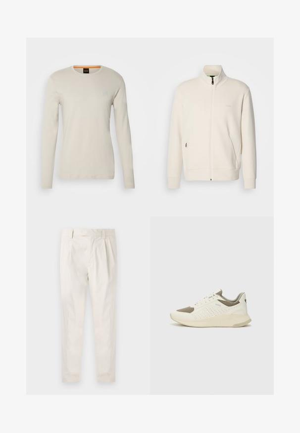 Off-white zip-up jakna s stoječim ovratnikom, dolgimi rokavi, stranskimi žepi in subtilnim logotipom "BOSS" na levem prsnem delu.; Majica z dolgimi rokavi iz svetle bež bombaža, okroglim izrezom in majhnim kvadratnim logotipom v sivi barvi na prsih.; Bele, plisirane hlače s krojenim prileganjem, z gladko teksturo, z zankami za pas in ožjimi hlačnicami. Brez vidnih žepov ali vzorcev.; Beli in svetlo bež športni copat, s mrežastim zgornjim delom, perforiranimi detajli in teksturirano srednjim delom z blagovno znamko na peti.
