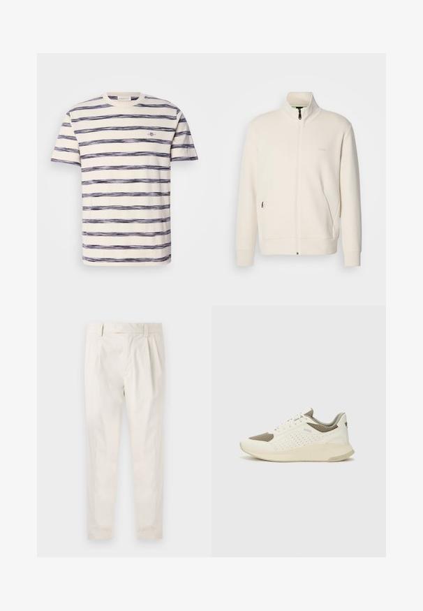 Off-white Zip-Jacke mit Stehkragen, langen Ärmeln, Seitentaschen und dezenter "BOSS"-Logo auf der linken Brust.; Gestreiftes kurzärmliges T-Shirt in Creme mit unregelmäßigen horizontalen Streifen in Marineblau, mit einem kleinen Logo auf der Brust. Weiches Baumwollmaterial.; Weiße, plissierte Hose mit taillierten Schnitt, die eine glatte Textur, Gürtelschlaufen und schmal zulaufende Beine aufweist. Keine sichtbaren Taschen oder Muster.; Weiße und hellbeige Sport Sneakers, ausgestattet mit einem Obermaterial aus Netzgewebe, perforierten Details und einer strukturierten Zwischensohle mit Branding an der Ferse.