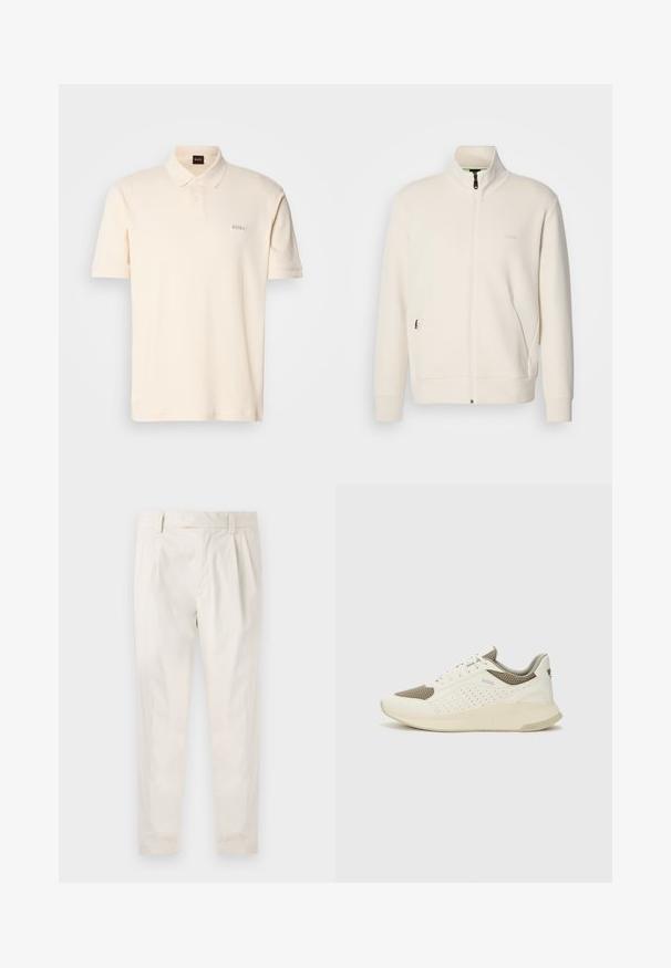 Off-white zip-up jakke med stående krage, lange ermer, sidelommer og diskré "BOSS" logo på venstre bryst.; Kremfarget polo skjorte laget av bomull, med en to-knapps placket og en lille brodert "BOSS" logo på venstre bryst. Korte ermer.; Hvite, pregede bukser med skreddersydd passform, som har en jevn tekstur, beltehemper og avsmalnende ben. Ingen synlige lommer eller mønstre.; Hvit og lysebeige treningssko, med en mesh-overdel, perforerte detaljer og en teksturert mellomsåle med merkevare på hælen.
