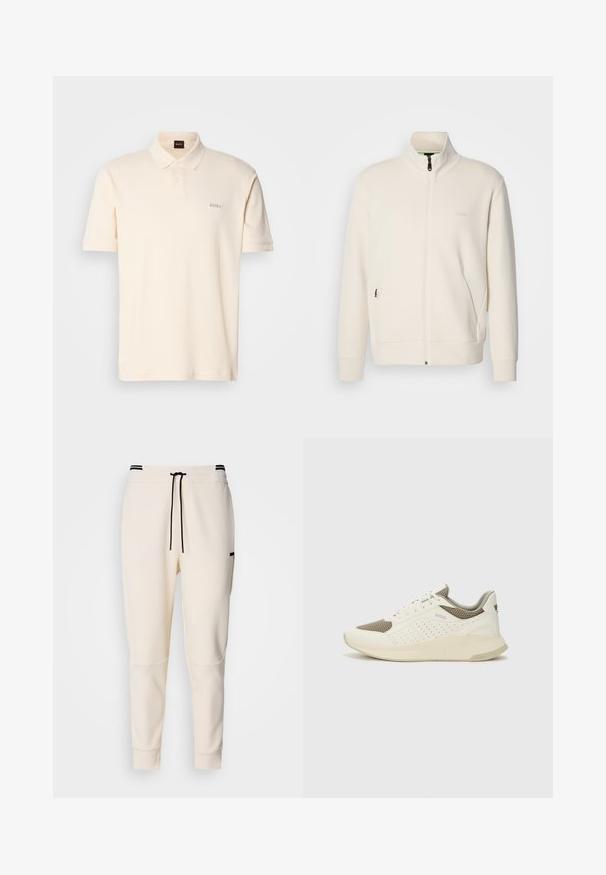 Off-white zip-up jakke med stående krage, lange ermer, sidelommer og diskré "BOSS" logo på venstre bryst.; Kremfarget polo skjorte laget av bomull, med en to-knapps placket og en lille brodert "BOSS" logo på venstre bryst. Korte ermer.; Kremfargede joggebukser med elastisk liv med snøring, svarte detaljer, innsnevrede ben og sidelommer.; Hvit og lysebeige treningssko, med en mesh-overdel, perforerte detaljer og en teksturert mellomsåle med merkevare på hælen.