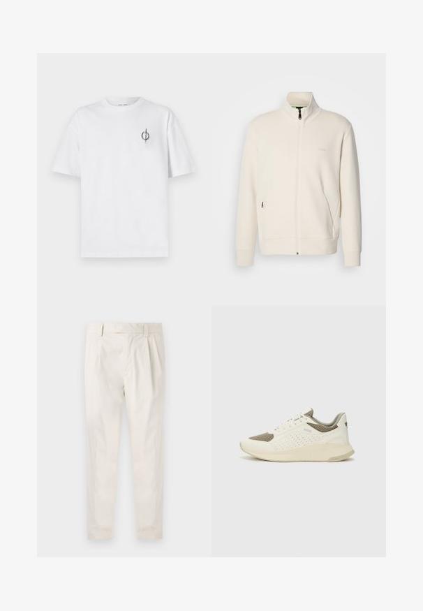 Lysbeige zip-up jakke med ståkrave, lange ærmer, sidelommer og diskret "BOSS" logo på venstre bryst.; Hvid bomulds t-shirt med en afslappet pasform, der har et lille sort grafisk logo på venstre brystområde. Korte ærmer, rund halsstil.; Hvide, plisserede bukser med en skræddersyet pasform, der har en glat overflade, bæltestropper og smalnede ben. Ingen synlige lommer eller mønstre.; Hvide og lyse beige sportssko med en mesh-overdel, perforerede detaljer og en tekstureret mellemsål med branding på hælen.