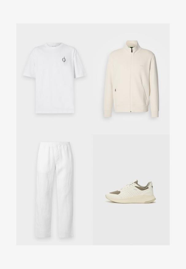 Jakna boje off-white s patentnim zatvaračem, stajaćim ovratnikom, dugim rukavima, bočnim džepovima i suptilnim logotipom "BOSS" na lijevoj strani prsnog koša.; Bijela pamučna majica s opuštenim krojem, s malim crnim grafičkim logotipom na lijevoj prečki. Kratki rukavi, okrugli izrez.; Bijele lanene hlače s elastičnim pojasom, ravnim krojem i mekanom teksturom bez vidljivih uzoraka ili metalnih detalja.; Bijele i svijetlosmeđe sportske tenisice, sa mrežastim gornjim dijelom, perforiranim detaljima i teksturiranim međutrakom sa brendom na peti.