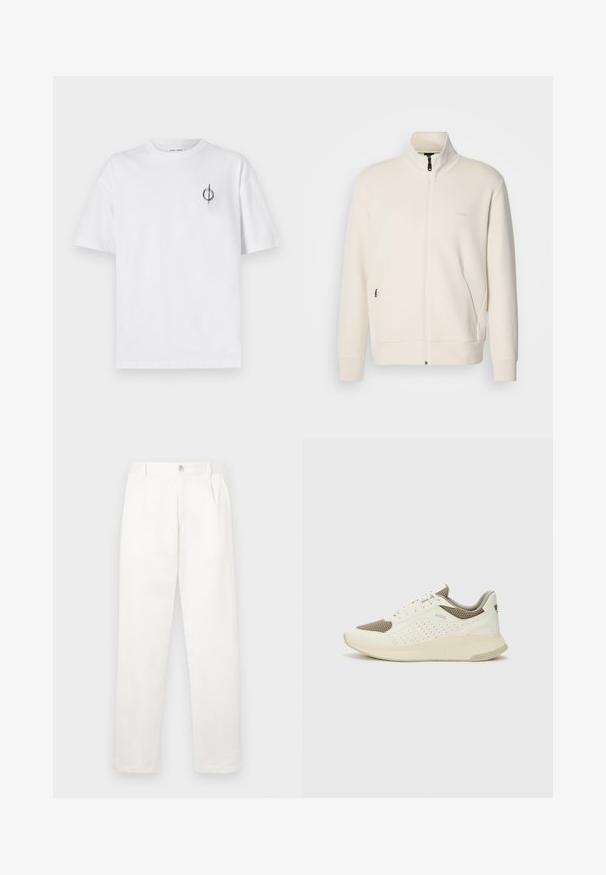 Lysbeige zip-up jakke med ståkrave, lange ærmer, sidelommer og diskret "BOSS" logo på venstre bryst.; Hvid bomulds t-shirt med en afslappet pasform, der har et lille sort grafisk logo på venstre brystområde. Korte ærmer, rund halsstil.; Hvide bukser lavet af glat stof, med en lige ben design, forpleater og en enkelt knap lukning i taljen.; Hvide og lyse beige sportssko med en mesh-overdel, perforerede detaljer og en tekstureret mellemsål med branding på hælen.