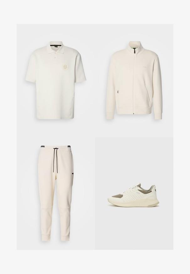 Valkoinen vetoketjullinen takki, jossa on pystykaulus, pitkät hihat, sivutaskut ja huomaamaton "BOSS"-logo vasemmassa rinnassa.; BOSS PIRAX - Pikeepaita - open white; Housut jogger-tyyliin, vaaleankreeminväriset, joissa on elastinen vyötärö naruilla, mustat yksityiskohdat, kapenevat lahkeet ja sivutaskut.; Valkoinen ja vaaleanbeige urheilukengät, joissa on verkkomateriaali yläosa, rei'itettyjä yksityiskohtia ja teksturoitu välipohja, jossa on brändäys kantapäässä.