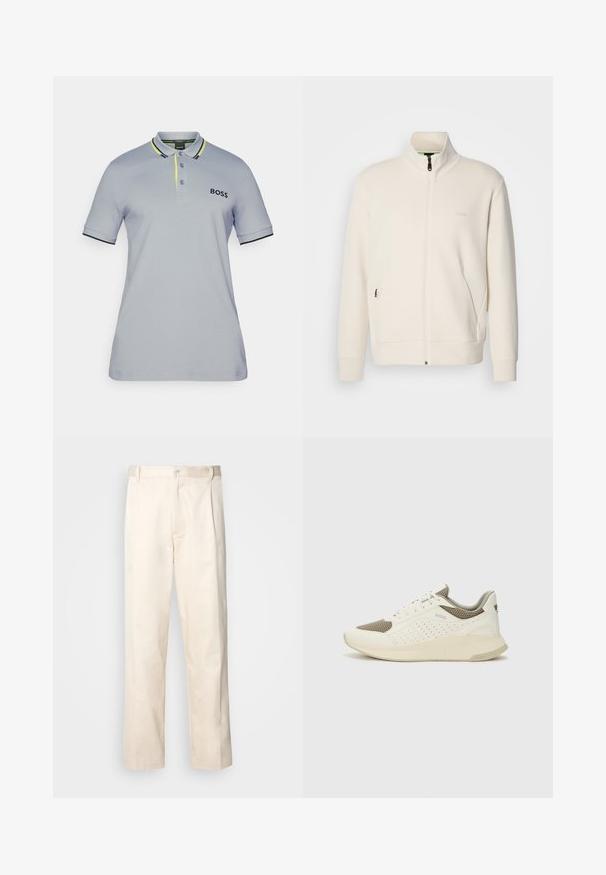 Casaco com fecho éclair em tom off-white, com colarinho elevado, mangas longas, bolsos laterais e um discreto logótipo "BOSS" no lado esquerdo do peito.; Polo shirt cinza claro com detalhes em preto e amarelo brilhante. Apresenta um colarinho, palas de três botões e um logótipo bordado no peito.; Calças de algodão bege com corte reto, apresentando um fecho de botão e pregas na frente para um detalhe adicional.; Sapatilha atlética branca e bege claro, com parte superior em malha, detalhes perfurados e uma entressola texturizada com marcação no calcanhar.