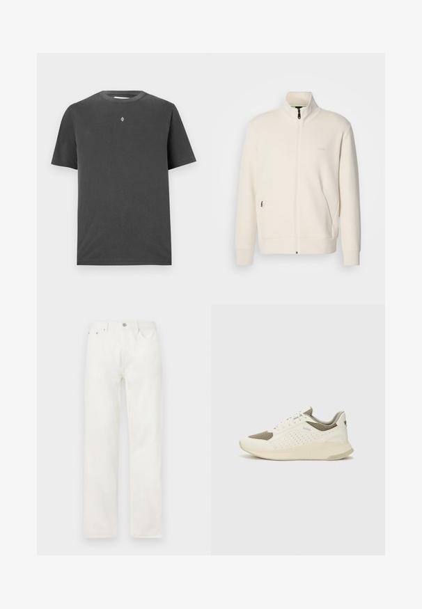 Giacca zip-up bianco sporco con colletto alto, maniche lunghe, tasche laterali e sottile logo "BOSS" sul lato sinistro del petto.; T-shirt di cotone grigio scuro con colletto rotondo e maniche corte; presenta un piccolo logo centrato in bianco sul petto.; Jeans in denim bianco con gamba dritta, chiusura a bottone e cerniera, design a cinque tasche e senza motivi o dettagli visibili.; Sneaker atletica bianca e beige chiaro, con tomaia in mesh, dettagli perforati e una suola intermedia texturizzata con marchio sul tallone.
