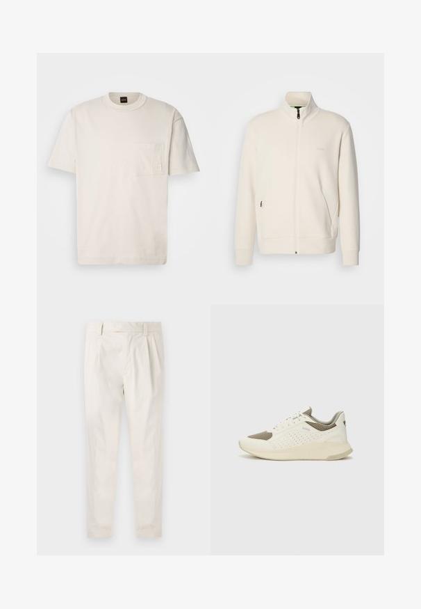 Jachetă crem cu fermoar, cu guler înalt, mâneci lungi, buzunare laterale și logo-ul subtil "BOSS" pe pieptul stâng.; Tricou din bumbac de culoare bej deschis, cu guler rotund, mâneci scurte și un buzunar pe pieptul stâng, cu o etichetă cu logo discret. Textură netedă.; Pantaloni albi plisati, cu o croială ajustată, având o textură netedă, bucle pentru curea și picioare conice. Fără buzunare vizibile sau modele.; Tenis sportivi alb și bej deschis, cu un înveliș din plasă, detalii perforate și o talpă intermediară texturată, având marcaj pe călcâi.