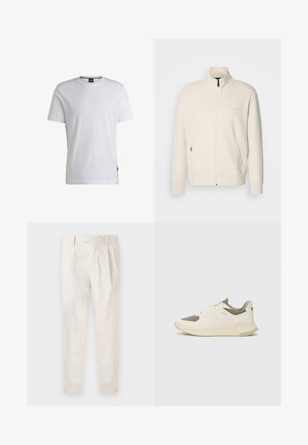 Hosszú ujjú, álló galléros, krémfehér cipzáras dzseki, oldalsó zsebekkel és diszkrét "BOSS" logóval a bal mellrészen.; Fehér, rövid ujjú, pamut póló. Kerek nyakkivágással és diszkrét márkajellel az oldalon. Sima textúrával és egyszerű dizájnnal rendelkezik.; Fehér, pliszírozott nadrág, testre szabott szabással, sima felülettel, övhurkokkal és karcsú lábszárral. Nincs látható zseb vagy minta.; Fehér és világos bézs sportcipő, légies hálós felsőrésszel, perforált részletekkel és texturált középtalppal, amelyen a saroknál a márka logója található.