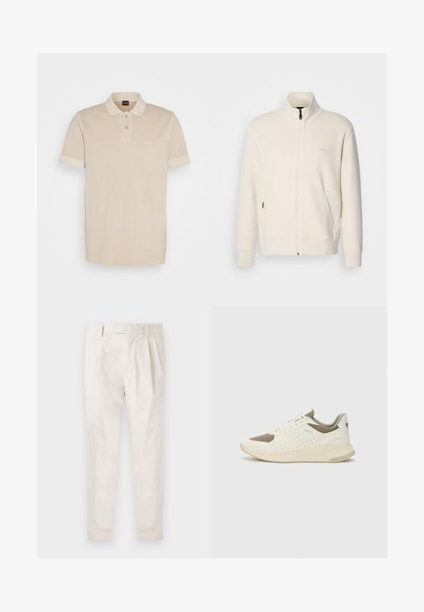 Valkoinen vetoketjullinen takki, jossa on pystykaulus, pitkät hihat, sivutaskut ja huomaamaton "BOSS"-logo vasemmassa rinnassa.; Vaaleanbeige polo-paita, joka on valmistettu pehmeästä puuvillasta. Siinä on klassinen kaulus, kaksi nappia ja pieni brodeerattu logo rinnassa.; Valkoiset, laskostetut housut, joissa on räätälöity istuvuus. Housut ovat sileäpintaiset, niissä on vyölenkit ja kapenevat lahkeet. Ei näkyviä taskuja tai kuvioita.; Valkoinen ja vaaleanbeige urheilukengät, joissa on verkkomateriaali yläosa, rei'itettyjä yksityiskohtia ja teksturoitu välipohja, jossa on brändäys kantapäässä.