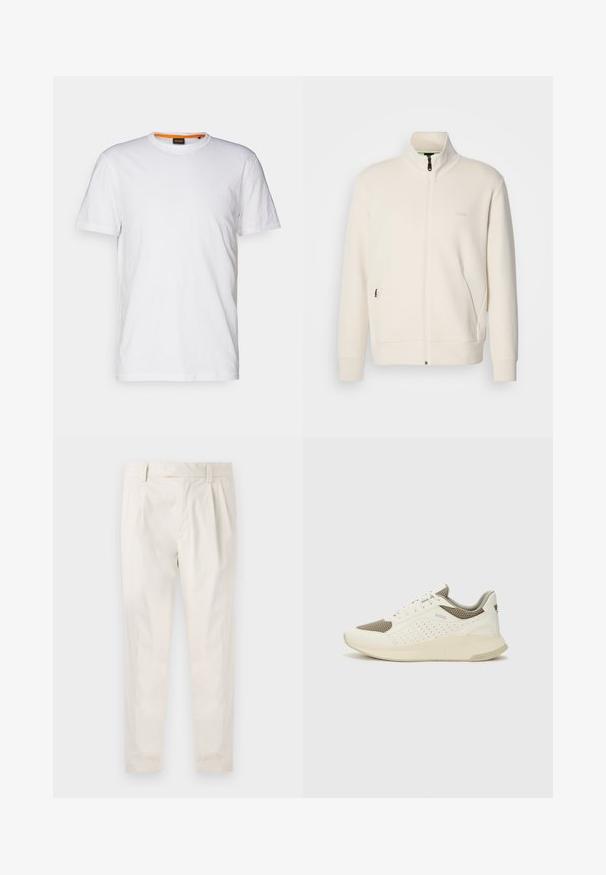 Jachetă crem cu fermoar, cu guler înalt, mâneci lungi, buzunare laterale și logo-ul subtil "BOSS" pe pieptul stâng.; Tricou alb din bumbac, cu guler rotund, mâneci scurte și un logo subtil embosat pe piept. Eticheta interioară are un accent portocaliu.; Pantaloni albi plisati, cu o croială ajustată, având o textură netedă, bucle pentru curea și picioare conice. Fără buzunare vizibile sau modele.; Tenis sportivi alb și bej deschis, cu un înveliș din plasă, detalii perforate și o talpă intermediară texturată, având marcaj pe călcâi.
