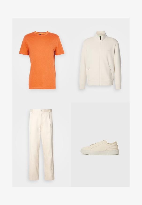 Off-white zip-up jakna s stoječim ovratnikom, dolgimi rokavi, stranskimi žepi in subtilnim logotipom "BOSS" na levem prsnem delu.; BOSS TEGOOD - Navadna majica - open orange; Bež cottone hlače s ravnim krojem, ki imajo gumbasto zapiranje in nabore spredaj za dodatne detajle.; Bež usnjeni športni copat s zaobljenim nosom, minimalistična zasnova, subtilne šivane podrobnosti in teksturirana zgornja stran, na svetlem podplatu.