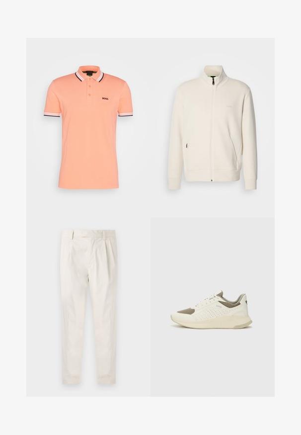 Off-white zip-up jacka med ståkrage, långa ärmar, sidofickor och subtil "BOSS"-logotyp på vänster bröst.; Ljust persikofärgad piké med krage, korta ärmar, treknappsstängning och kontrasterande randiga detaljer på ärmarna. Broderad logotyp på bröstet.; Vita, plisserade byxor med skräddarsydd passform, med en mjuk yta, bälteshängare och avsmalnande ben. Inga synliga fickor eller mönster.; Vit och ljusbeige atletisk sneaker med ett meshöverdrag, perforerade detaljer och en texturerad mellansula med varumärke på hälen.