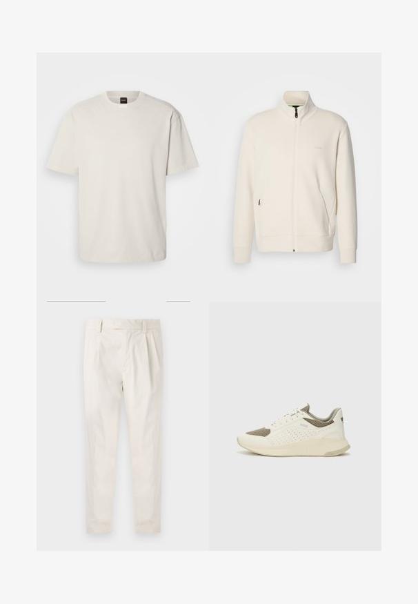 Krémová zipová bunda s vysokým límcem, dlouhými rukávy, bočními kapsami a jemným logem "BOSS" na levé části hrudi.; Krátký rukáv, tričko s kulatým výstřihem v off-white bavlně, s rovnými liniemi a minimálním brandingem na límci. Měkká textura, bez vzorů.; Bílé, plisované kalhoty s upraveným střihem, které mají hladkou texturu, poutka na opasek a zúžené nohavice. Bez viditelných kapes nebo vzorů.; Bílé a světle béžové atletické tenisky, které mají síťovaný svršek, perforované detaily a texturovanou mezipodešev s logem na patě.