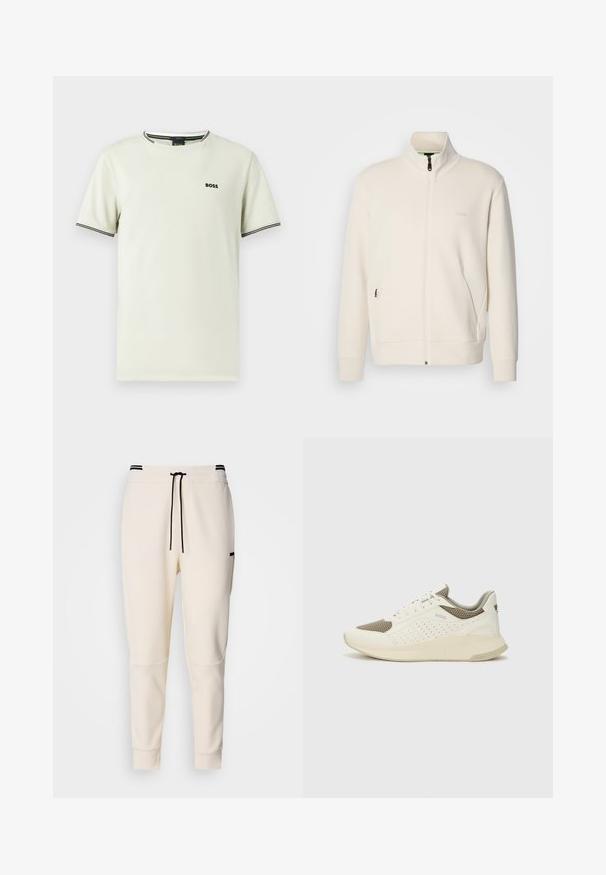 Off-white zip-up jacket with stand collar, long sleeves, side pockets, and subtle "BOSS" logo on the left chest.; Short-sleeve t-shirt in light beige cotton, featuring a crew neck, black logo, and contrasting black and white stripes on the collar and sleeves.; Cream-colored jogger pants featuring an elastic waistband with a drawstring, black accents, tapered legs, and side pockets.; White and light beige athletic sneaker, featuring a mesh upper, perforated detailing, and a textured midsole with branding on the heel.