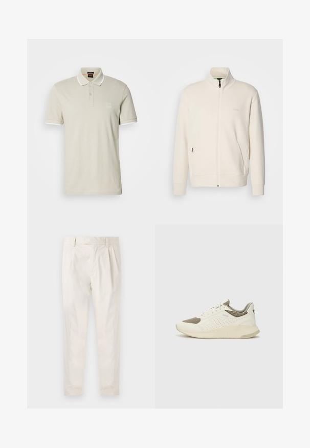 Casaco com fecho éclair em tom off-white, com colarinho elevado, mangas longas, bolsos laterais e um discreto logótipo "BOSS" no lado esquerdo do peito.; Camisa polo em algodão bege claro com colarinho e detalhes nas mangas em branco, apresentando uma lista de dois botões e um patch com o logotipo no peito.; Calças brancas pregueadas com um corte ajustado, apresentando uma textura suave, passantes de cinto e pernas afuniladas. Sem bolsos visíveis ou padrões.; Sapatilha atlética branca e bege claro, com parte superior em malha, detalhes perfurados e uma entressola texturizada com marcação no calcanhar.