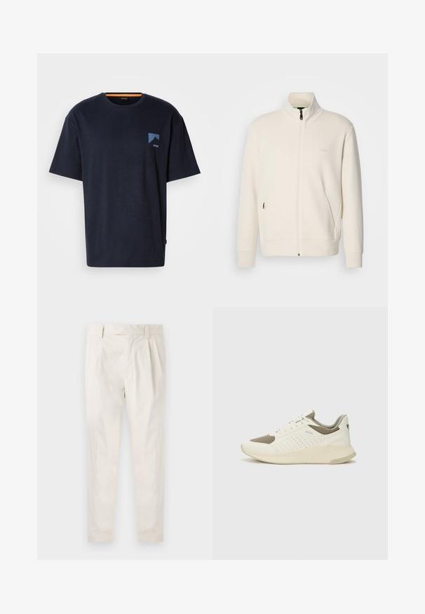 Krémová zipová bunda s vysokým límcem, dlouhými rukávy, bočními kapsami a jemným logem "BOSS" na levé části hrudi.; Námořnický modrý bavlněný tričko s kulatým výstřihem, krátkými rukávy a malým modrým logem hory na levé hrudi. Lehká tkanina.; Bílé, plisované kalhoty s upraveným střihem, které mají hladkou texturu, poutka na opasek a zúžené nohavice. Bez viditelných kapes nebo vzorů.; Bílé a světle béžové atletické tenisky, které mají síťovaný svršek, perforované detaily a texturovanou mezipodešev s logem na patě.