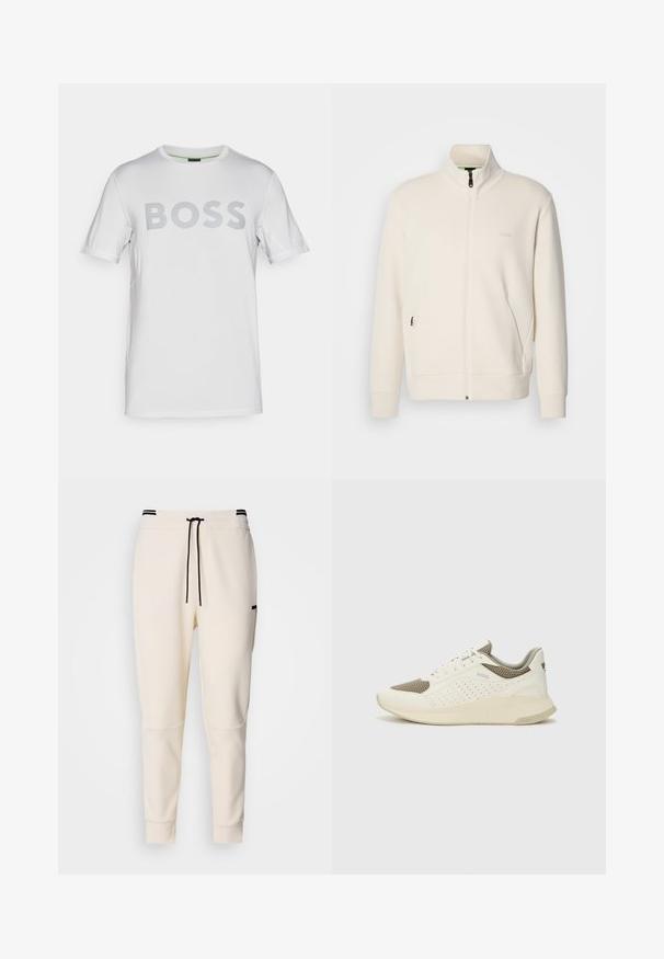 Off-white zip-up jacket with stand collar, long sleeves, side pockets, and subtle "BOSS" logo on the left chest.; White short-sleeve T-shirt made of lightweight fabric featuring a horizontal striped "BOSS" logo on the front. Smooth texture and crew neckline.; Cream-colored jogger pants featuring an elastic waistband with a drawstring, black accents, tapered legs, and side pockets.; White and light beige athletic sneaker, featuring a mesh upper, perforated detailing, and a textured midsole with branding on the heel.