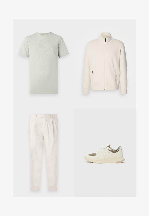 Jachetă crem cu fermoar, cu guler înalt, mâneci lungi, buzunare laterale și logo-ul subtil "BOSS" pe pieptul stâng.; Tricou verde deschis cu mâneci scurte, din bumbac moale și fin, cu decolteu rotund și un mic patch cu logo pe partea stângă a pieptului.; Pantaloni albi plisati, cu o croială ajustată, având o textură netedă, bucle pentru curea și picioare conice. Fără buzunare vizibile sau modele.; Tenis sportivi alb și bej deschis, cu un înveliș din plasă, detalii perforate și o talpă intermediară texturată, având marcaj pe călcâi.