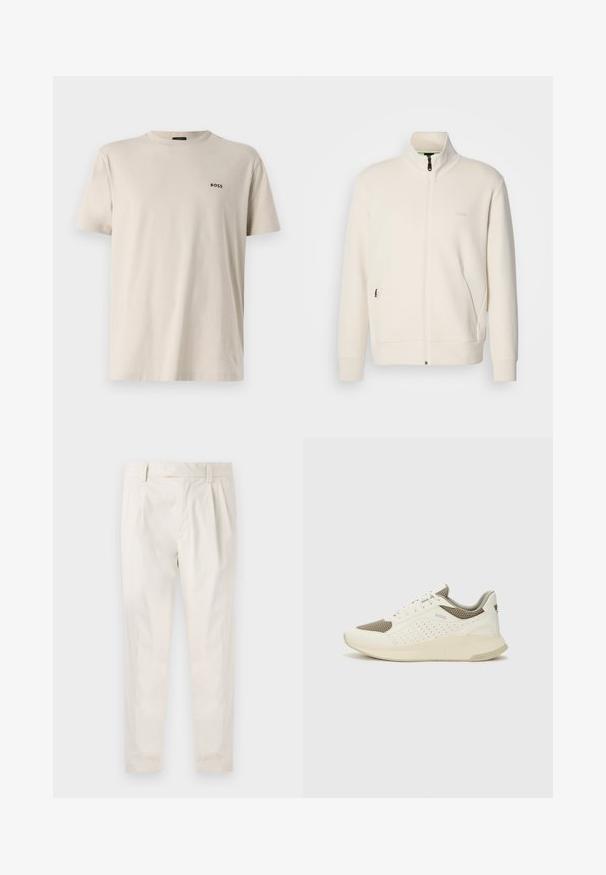 Hosszú ujjú, álló galléros, krémfehér cipzáras dzseki, oldalsó zsebekkel és diszkrét "BOSS" logóval a bal mellrészen.; Csillag bézs színű pamut rövid ujjú póló, kerek nyakkal. A bal felső mellrészen egy kis fekete "BOSS" logó található. Simaságával kiemelkedő.; Fehér, pliszírozott nadrág, testre szabott szabással, sima felülettel, övhurkokkal és karcsú lábszárral. Nincs látható zseb vagy minta.; Fehér és világos bézs sportcipő, légies hálós felsőrésszel, perforált részletekkel és texturált középtalppal, amelyen a saroknál a márka logója található.