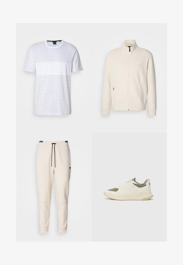 Ζακέτα σε off-white απόχρωση με κλείσιμο φερμουάρ, όρθιο γιακά, μακριά μανίκια, πλάγιες τσέπες και διακριτό λογότυπο "BOSS" στο αριστερό στήθος.; Λευκό T-shirt κοντό μανίκι με σχέδιο σε γκρι καρό. Ο σχεδιασμός περιλαμβάνει μια συμπαγή λωρίδα στο μέσο με λεπτομέρεια λογότυπου.; Κρεμ χρώματος παντελόνια jogger με ελαστική μέση και κορδόνι, μαύρες λεπτομέρειες, στενές γραμμές στα πόδια και πλαϊνές τσέπες.; Λευκό και ανοιχτό μπεζ αθλητικό παπούτσι, με επάνω μέρος από διχτυωτό υλικό, διακοσμήσεις με περφορέ και υφή στην ενδιάμεση σόλα με επωνυμία στη φτέρνα.