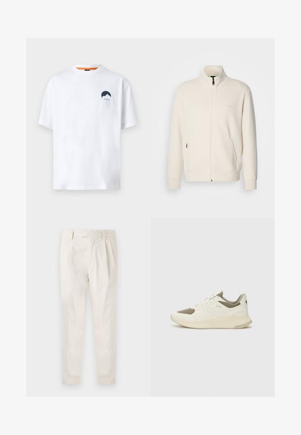 Chaqueta cremosa con cremallera y cuello alzado, mangas largas, bolsillos laterales y un discreto logo de "BOSS" en el lado izquierdo del pecho.; Camiseta de algodón blanca de manga corta, con cuello redondo, que presenta una gráfica de una montaña azul y la palabra "BOSS" en el lado izquierdo del pecho.; Pantalones blancos plisados con un ajuste entallado, que presentan una textura suave, pasadores para el cinturón y piernas ajustadas. Sin bolsillos visibles ni patrones.; Zapatilla deportiva en blanco y beige claro, con parte superior de malla, detalles perforados y una mediasuela texturizada con la marca en el talón.