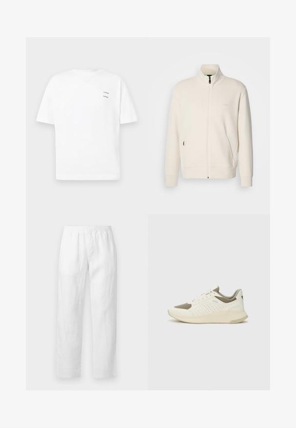 Ζακέτα σε off-white απόχρωση με κλείσιμο φερμουάρ, όρθιο γιακά, μακριά μανίκια, πλάγιες τσέπες και διακριτό λογότυπο "BOSS" στο αριστερό στήθος.; Λευκό βαμβακερό μπλουζάκι με άνετη εφαρμογή, κοντά μανίκια και V-λαιμόκοψη. Διαθέτει δύο μικρά μαύρα τυπωμένα λογότυπα στην αριστερή πλευρά.; Λευκό παντελόνι από λινό με ελαστική μέση, ίσια γραμμή και μαλακή υφή χωρίς ορατά σχέδια ή μεταλλικές λεπτομέρειες.; Λευκό και ανοιχτό μπεζ αθλητικό παπούτσι, με επάνω μέρος από διχτυωτό υλικό, διακοσμήσεις με περφορέ και υφή στην ενδιάμεση σόλα με επωνυμία στη φτέρνα.