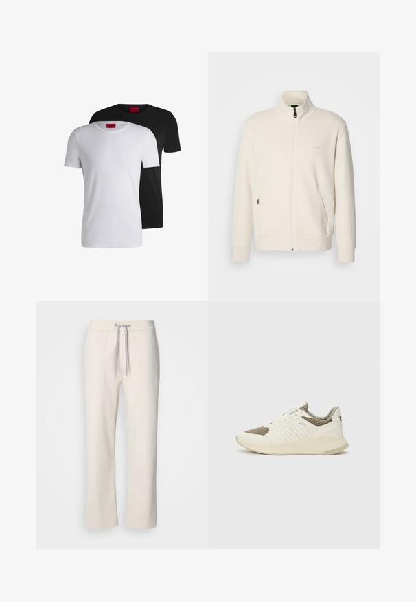 Kreemi värvi lukuga jakk kõrge kraega, pikkade varrukatega, küljetaskutega ja diskreetse "BOSS" logo ka vasakul rinnal.; Kaks puuvillast T-särki, üks valge ja üks must, lühikeste varrukatega ja ümmarguste kaeluste ning kaeluses selgelt nähtava punase sildiga.; Kreemivärvilised igapäevased püksid, millel on paelaga vöö ja sirged jalad, esitledes puhtal valgel taustal.; Valge ja heledat beeži värvi spordijalats, millel on õhuke võrkmaterjal, perforatsioonidega detailid ning tekstuuriga vahetald, millel on brändi logo kannaosas.