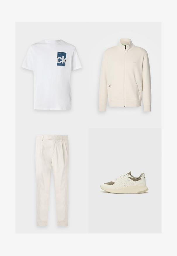 Jachetă crem cu fermoar, cu guler înalt, mâneci lungi, buzunare laterale și logo-ul subtil "BOSS" pe pieptul stâng.; Tricou alb din bumbac cu un buzunar dreptunghiular albastru, având logo-ul alb "ck" și detalii textuale. Mâneci scurte, gât rotund, croială obișnuită.; Pantaloni albi plisati, cu o croială ajustată, având o textură netedă, bucle pentru curea și picioare conice. Fără buzunare vizibile sau modele.; Tenis sportivi alb și bej deschis, cu un înveliș din plasă, detalii perforate și o talpă intermediară texturată, având marcaj pe călcâi.