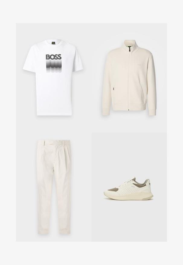 Jachetă crem cu fermoar, cu guler înalt, mâneci lungi, buzunare laterale și logo-ul subtil "BOSS" pe pieptul stâng.; Tricou alb cu mâneci scurte, cu un design în valuri degrade negre și gri și text îndrăzneț „BOSS” centrat pe piept.; Pantaloni albi plisati, cu o croială ajustată, având o textură netedă, bucle pentru curea și picioare conice. Fără buzunare vizibile sau modele.; Tenis sportivi alb și bej deschis, cu un înveliș din plasă, detalii perforate și o talpă intermediară texturată, având marcaj pe călcâi.