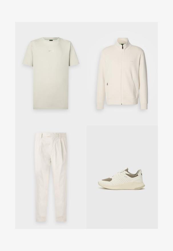 Chaqueta cremosa con cremallera y cuello alzado, mangas largas, bolsillos laterales y un discreto logo de "BOSS" en el lado izquierdo del pecho.; Camiseta de algodón en color beige con cuello redondo y mangas cortas. Presenta un sutil logo plateado "BOSS" en el pecho. Textura suave.; Pantalones blancos plisados con un ajuste entallado, que presentan una textura suave, pasadores para el cinturón y piernas ajustadas. Sin bolsillos visibles ni patrones.; Zapatilla deportiva en blanco y beige claro, con parte superior de malla, detalles perforados y una mediasuela texturizada con la marca en el talón.