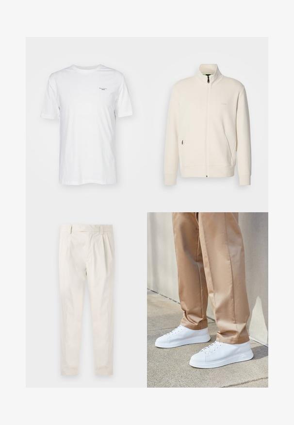 Krémová zipová bunda s vysokým límcem, dlouhými rukávy, bočními kapsami a jemným logem "BOSS" na levé části hrudi.; Bílý bavlněný tričko s kulatým výstřihem, krátkými rukávy a malým potištěným logem na levé části hrudníku. Měkká textura, standardní střih.; Bílé, plisované kalhoty s upraveným střihem, které mají hladkou texturu, poutka na opasek a zúžené nohavice. Bez viditelných kapes nebo vzorů.; Bílé kožené tenisky s hladkým povrchem, kulatou špičkou, bílými tkaničkami a minimalistickým designem. Noseny s světle hnědými zúženými kalhotami.