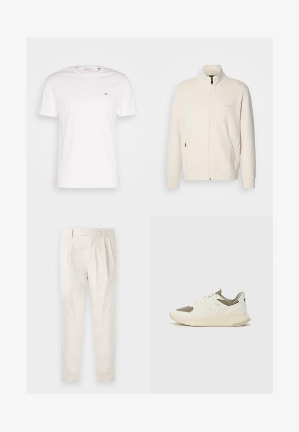 Off-white zip-up jakke med stående krage, lange ermer, sidelommer og diskré "BOSS" logo på venstre bryst.; Hvit bomulls T-skjorte med rund hals, korte ermer og et lite brodert logo på brystet. Myk tekstur, enkelt design.; Hvite, pregede bukser med skreddersydd passform, som har en jevn tekstur, beltehemper og avsmalnende ben. Ingen synlige lommer eller mønstre.; Hvit og lysebeige treningssko, med en mesh-overdel, perforerte detaljer og en teksturert mellomsåle med merkevare på hælen.