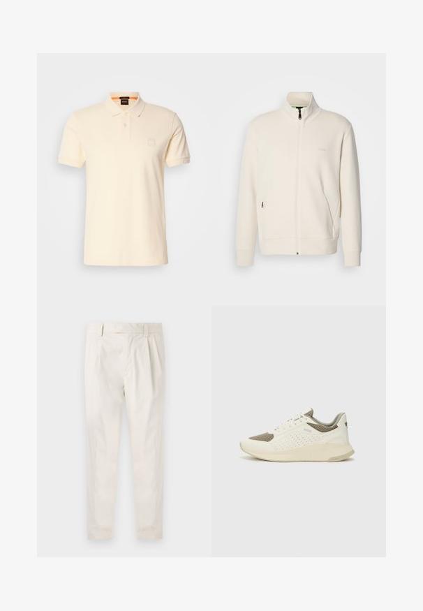 Krémová zipová bunda s vysokým límcem, dlouhými rukávy, bočními kapsami a jemným logem "BOSS" na levé části hrudi.; Pánská polo košile z lehkého béžového bavlněného materiálu s klasickým límečkem, krátkými rukávy a malou nášivkou s logem na hrudi. Hladká textura, minimalistický design.; Bílé, plisované kalhoty s upraveným střihem, které mají hladkou texturu, poutka na opasek a zúžené nohavice. Bez viditelných kapes nebo vzorů.; Bílé a světle béžové atletické tenisky, které mají síťovaný svršek, perforované detaily a texturovanou mezipodešev s logem na patě.