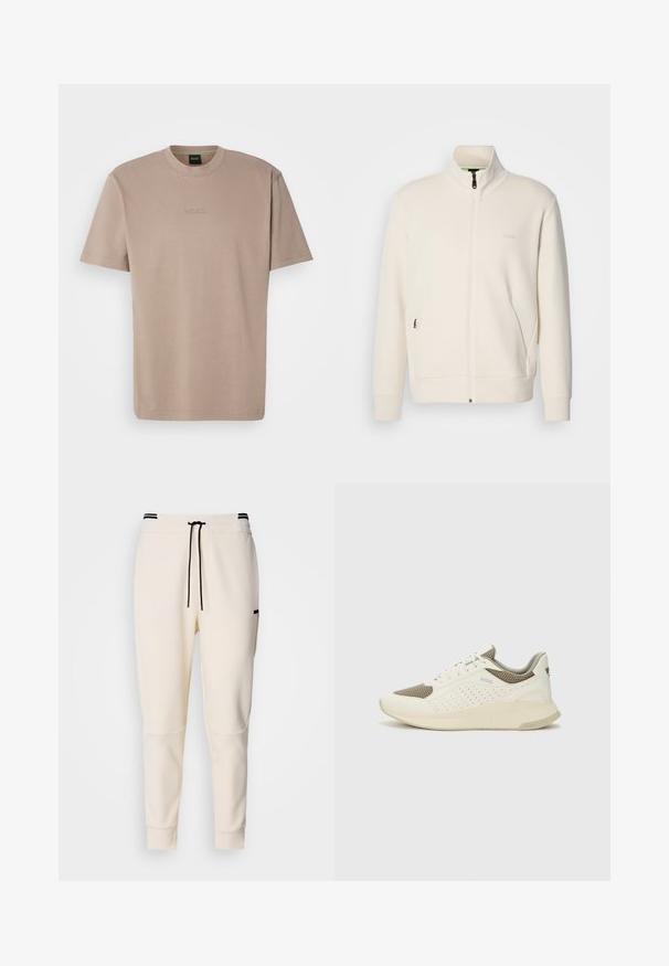 Off-white zip-up jakna s stoječim ovratnikom, dolgimi rokavi, stranskimi žepi in subtilnim logotipom "BOSS" na levem prsnem delu.; Bež majica s kratkimi rokavi iz mehkega bombaža, s krožnim izrezom, z vezenim logotipom "BOSS" na prsih.; Jogger hlače v kremni barvi z elastičnim pasom in vrvico, črnimi detajli, zoženimi nogami in stranskimi žepi.; Beli in svetlo bež športni copat, s mrežastim zgornjim delom, perforiranimi detajli in teksturirano srednjim delom z blagovno znamko na peti.