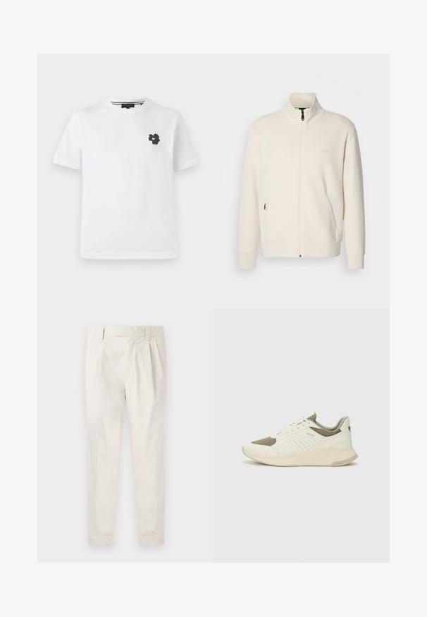 Off-white zip-up jacket with stand collar, long sleeves, side pockets, and subtle "BOSS" logo on the left chest.; White cotton t-shirt with a v-neck, featuring a small black floral graphic on the left chest area. Short sleeves with a relaxed fit.; White, pleated trousers with a tailored fit, featuring a smooth texture, belt loops, and tapered legs. No visible pockets or patterns.; White and light beige athletic sneaker, featuring a mesh upper, perforated detailing, and a textured midsole with branding on the heel.