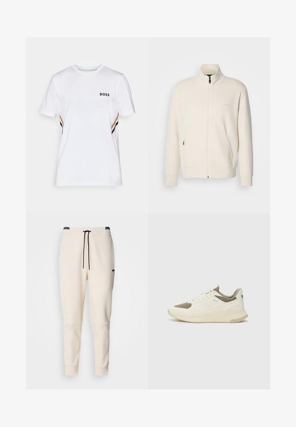 Chaqueta cremosa con cremallera y cuello alzado, mangas largas, bolsillos laterales y un discreto logo de "BOSS" en el lado izquierdo del pecho.; Camiseta deportiva blanca de tejido texturizado. Presenta un logo negro de "BOSS" y franjas laterales en negro, dorado y blanco. Diseño de cuello redondo.; Pantalones jogger de color crema con cintura elástica y cordón, detalles en negro, piernas ajustadas y bolsillos laterales.; Zapatilla deportiva en blanco y beige claro, con parte superior de malla, detalles perforados y una mediasuela texturizada con la marca en el talón.