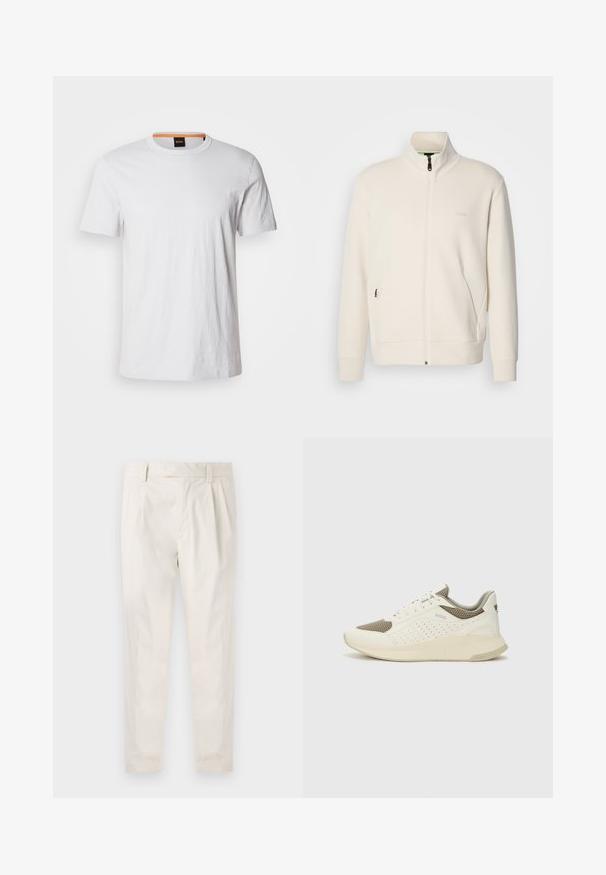 Off-white zip-up jakna s stoječim ovratnikom, dolgimi rokavi, stranskimi žepi in subtilnim logotipom "BOSS" na levem prsnem delu.; Bela kratka majica s kratkimi rokavi, izdelana iz mehke bombažne tkanine, z okroglim izrezom in subtilnim logotipom v enaki beli barvi spredaj.; Bele, plisirane hlače s krojenim prileganjem, z gladko teksturo, z zankami za pas in ožjimi hlačnicami. Brez vidnih žepov ali vzorcev.; Beli in svetlo bež športni copat, s mrežastim zgornjim delom, perforiranimi detajli in teksturirano srednjim delom z blagovno znamko na peti.